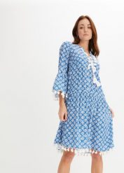 Sukienka tunikowa z miękkiej wiskozy. Niebieskie sukienki bonprix, bez wzorów, z wiskozy, bez kołnierzyka, bez ramiączek. Za 149.99 zł.