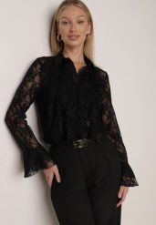 Czarna Koszula Koronkowa z Wiskozy z Bawełną Ozdobiona Falbanami Hermerine. Czarne koszule Born2be, m, bez wzorów, z bawełny, eleganckie, bez kołnierzyka, bez ramiączek. Za 139.99 zł.
