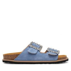 Klapki Pollini. Niebieskie klapki Pollini, bez wzorów, bez obcasa. Za 739.99 zł.