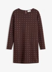 Sukienka z dżerseju z aplikacją ze sztrasów. Brązowe sukienki bonprix, z aplikacjami, z dżerseju, bez kołnierzyka, bez ramiączek. Za 139.99 zł.