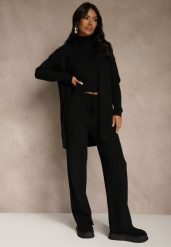 Czarny Komplet z Dzianiny z Wiskozą Spodnie Bluzka ze Stójką i Kardigan Vetisene. Czarne kardigany Renee, l, bez wzorów, z dzianiny. Za 189.99 zł.