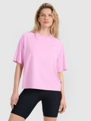 4F T-shirt oversize gładki damski - różowy L. Czerwone t-shirty 4f, l, bez wzorów, z bawełny, bez kołnierzyka, bez ramiączek. W wyprzedaży za 39.99 zł.