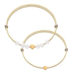 Komplet bransoletek mama & córka – serca na podwójnym sznurku. Brązowe bransoletki Lilou, z perłą, pozłacane. Za 232.00 zł.