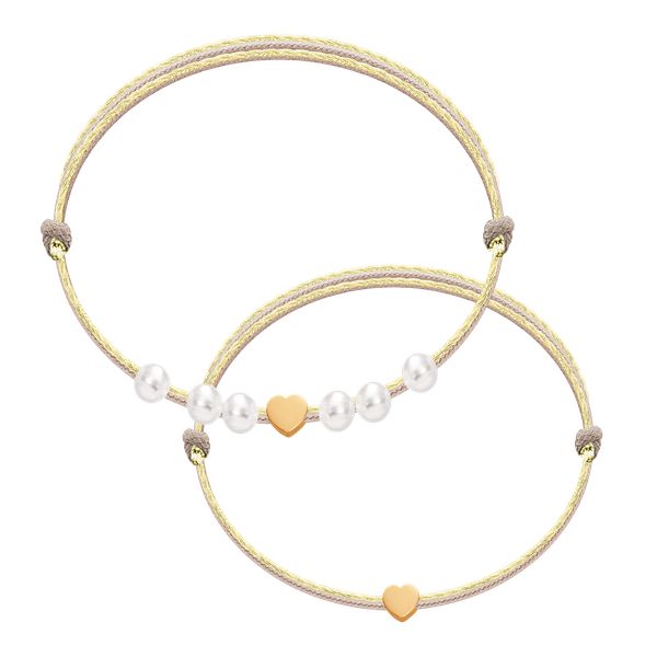 Komplet bransoletek mama & córka – serca na podwójnym sznurku. Brązowe bransoletki Lilou, z perłą, pozłacane. Za 232.00 zł.