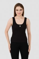 GUESS Czarny damski top Ribbed Knit Tank, Rozmiar M. Czarne topy Guess, m, z aplikacjami, bez kołnierzyka, bez ramiączek. W wyprzedaży za 139.99 zł.
