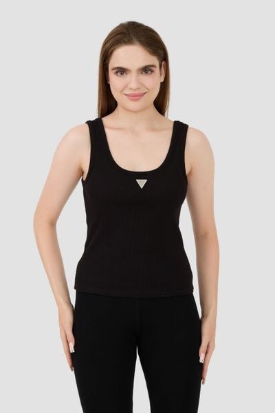 GUESS Czarny damski top Ribbed Knit Tank, Rozmiar L. Czarne topy Guess, l, z aplikacjami, bez kołnierzyka, bez ramiączek. W wyprzedaży za 110.99 zł.