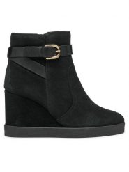 Geox Botki D Elidea Wedge D46VQA 02243 C9999 Czarny. Czarne botki Geox, bez wzorów, ze skóry, bez obcasa, na koturnie, bez zapięcia. Za 719.99 zł.