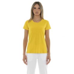 Koszulka z bawełna na co dzień na siłownię. Żółte bluzki LEONE 1947 APPAREL, bez wzorów, z bawełny, sportowe, bez kołnierzyka, bez ramiączek. W wyprzedaży za 44.86 zł.
