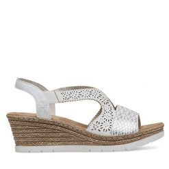 Sandały Rieker. Białe sandały Rieker, bez wzorów, bez obcasa, na koturnie, bez zapięcia. Za 259.99 zł.