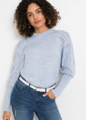 Sweter w ażurowy wzór. Niebieskie swetry bonprix, w ażurowe wzory, bez ramiączek. Za 137.99 zł.