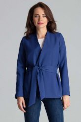 Szafirowy Stylowy Żakiet bez Zapięcia z Wiązanym Paskiem. Niebieskie marynarki i żakiety Katrus, l, bez wzorów, z materiału, eleganckie. Za 299.00 zł.