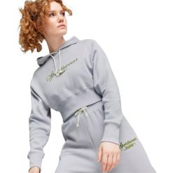 Bluza z kapturem Puma Classics Relaxed Cropped, Kobiety. Szare bluzy Puma, s, bez wzorów, z bawełny, z kapturem. Za 390.00 zł.