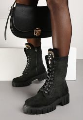 Czarne Sznurowane Botki w Stylu Workerów na Platformie z Tłoczeniem Ozdobione Cyrkoniami Ravetta. Czarne botki Renee, bez wzorów, z jeansu, bez obcasa, na platformie, bez zapięcia. Za 169.99 zł.