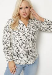 Jasnobeżowa Koszula z Wiskozą w Abstrakcyjny Print z Dekoltem w Serek Aretiava. Brązowe koszule Born2be, xl, z aplikacjami, z jeansu, eleganckie, bez kołnierzyka, bez ramiączek. Za 69.99 zł.