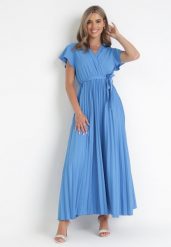 Niebieska Elegancka Sukienka Maxi w Plisy z Kopertowym Dekoltem i Wiązaniem Thessi. Niebieskie sukienki Born2be, na lato, m, bez wzorów, eleganckie, bez kołnierzyka, bez ramiączek, maxi, kopertowe. Za 59.99 zł.