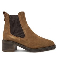 Botki Tamaris. Brązowe botki Tamaris, bez wzorów, bez obcasa, na słupku, bez zapięcia. Za 429.99 zł.