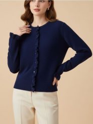 Kardigan z falbaną przy zapięciu - granatowy. Niebieskie kardigany Sinsay, l, bez wzorów. Za 49.99 zł.