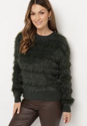 Ciemnozielony Puchaty Sweter z Wełną i Ściągaczami Exenevia. Zielone swetry Born2be, na zimę, bez wzorów, z wełny, bez ramiączek. Za 74.99 zł.