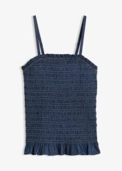 Jeansowy top na cienkich ramiączkach z bawełny organicznej. Niebieskie topy bonprix, bez wzorów, z bawełny, bez kołnierzyka, bez ramiączek. Za 54.99 zł.