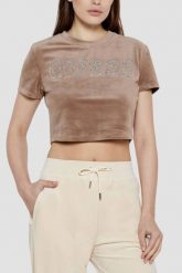 GUESS Brązowy damski top Couture Tee, Rozmiar M. Brązowe topy Guess, m, z aplikacjami, bez kołnierzyka, bez ramiączek. W wyprzedaży za 149.99 zł.