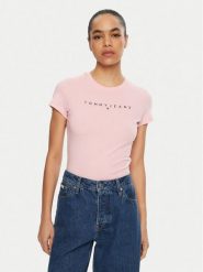 Tommy Jeans T-Shirt Linear DW0DW18398 Różowy Slim Fit. Czerwone t-shirty Tommy Jeans, xxs, bez wzorów, z bawełny, bez kołnierzyka, bez ramiączek. Za 119.99 zł.