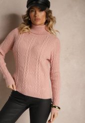 Różowy Casualowy Golf z Wiskozą i Ozdobnym Splotem Aledi. Czerwone golfy Renee, l, bez wzorów, z dzianiny, bez ramiączek. Za 99.99 zł.