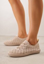 Ciemnobeżowe Ażurowe Tenisówki w Stylu Boho Tidira. Brązowe trampki Renee, w ażurowe wzory, bez zapięcia. Za 69.99 zł.