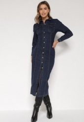 Granatowa Jeansowa Sukienka Koszulowa o Taliowanym Kroju Neveala. Niebieskie sukienki Born2be, na co dzień, l, bez wzorów, z jeansu, klasyczne, bez kołnierzyka, bez ramiączek, midi, koszulowe. Za 189.99 zł.
