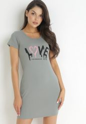 Ciemnozielona Bawełniana Sukienka T-shirtowa z Napisem Avera. Zielone sukienki Born2be, m, bez wzorów, z bawełny, bez kołnierzyka, bez ramiączek, mini. Za 19.99 zł.