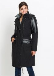 Długa parka z wstawkami ze sztucznej skóry. Czarne parki bonprix, ze skóry, z kapturem. Za 349.99 zł.