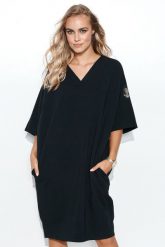 Oversizowa Sukienka w Serek z Dzianiny Dresowej - Czarna. Czarne sukienki Makadamia, l, bez wzorów, z bawełny, bez kołnierzyka, bez ramiączek. Za 249.90 zł.