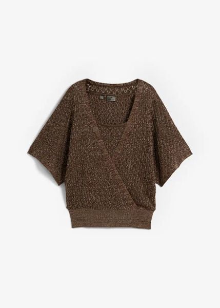 Sweter ażurowy z połyskiem. Brązowe swetry bonprix, w ażurowe wzory, bez ramiączek. Za 117.99 zł.