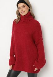 Bordowy Golf Oversize z Dzianiny z Wełną i Moherem Temittes. Czerwone golfy Born2be, bez wzorów, z dzianiny, bez ramiączek. Za 169.99 zł.