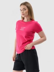 4F T-shirt slim z nadrukiem damski - różowy XS. Czerwone t-shirty 4f, xs, bez wzorów, z dzianiny, bez kołnierzyka, bez ramiączek. Za 29.99 zł.
