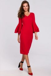 Sukienka na wesele elegancka z bufiastymi rękawami czerwona. Czerwone sukienki Makover, na wesele, xl, bez wzorów, eleganckie, bez kołnierzyka, bez ramiączek, midi, dopasowane. Za 309.00 zł.