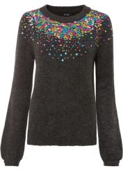 Sweter z cekinami. Szare swetry bonprix, bez wzorów, bez ramiączek. Za 127.99 zł.