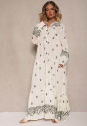 Biało-Zielona Rozkloszowana Sukienka Ozdobiona Haftem i Wzorem Boho Ronavere. Białe sukienki Renee, na co dzień, na lato, l, bez wzorów, boho, bez kołnierzyka, bez ramiączek, maxi, kopertowe. Za 139.99 zł.