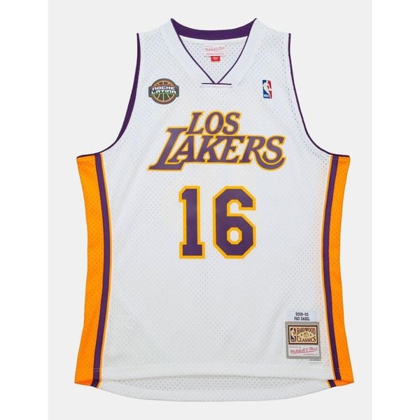 Koszulka NBA Los Angeles Lakers Pau Gasol 2008. Białe bluzki Mitchell & Ness, bez wzorów, sportowe, bez kołnierzyka, bez ramiączek. W wyprzedaży za 421.00 zł.