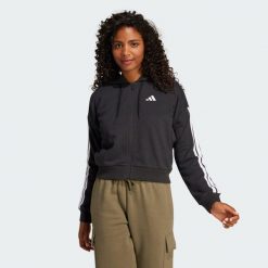 Bluza z kapturem Essentials 3-Stripes French Terry Full-Zip. Białe bluzy Adidas, xs, bez wzorów, z materiału, z kapturem. Za 259.00 zł.