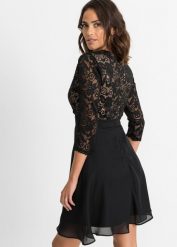 Sukienka szyfonowa z koronką. Czarne sukienki bonprix, bez wzorów, z koronki, eleganckie, bez kołnierzyka, bez ramiączek. Za 239.99 zł.