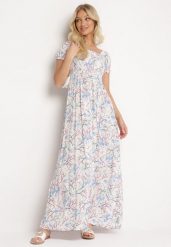 Biało-Niebieska Rozkloszowana Sukienka w Kwiaty z Marszczonym Dekoltem Disteria. Białe sukienki Born2be, na imprezę, na lato, l, bez wzorów, z jeansu, eleganckie, bez kołnierzyka, bez ramiączek, maxi, rozkloszowane. Za 49.99 zł.