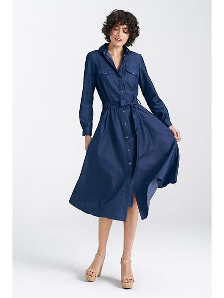 Nife Sukienka w kolorze granatowym rozmiar: 42. Niebieskie sukienki Nife, na co dzień, bez wzorów, z tkaniny, bez kołnierzyka, bez ramiączek, maxi, proste. Za 179.22 zł.