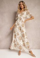 Beżowa Sukienka Kopertowa z Krótkim Rękawem Wiązana z Tyłu z Gumką w Talii Cristola. Brązowe sukienki Renee, l, bez wzorów, eleganckie, bez kołnierzyka, bez ramiączek, maxi, kopertowe. Za 79.99 zł.