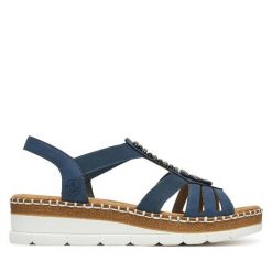 Sandały Rieker. Niebieskie sandały Rieker, bez wzorów, bez obcasa, na koturnie, bez zapięcia. Za 299.99 zł.