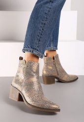 Żółte Botki Kowbojki na Słupku Ozdobione Nitami Ferisa. Żółte botki Renee, bez wzorów, z jeansu, bez obcasa, na obcasie, bez zapięcia. Za 169.99 zł.