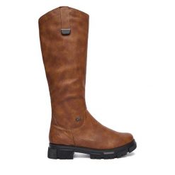 Kozaki Rieker. Brązowe kozaki Rieker, bez obcasa, na płaskiej podeszwie, bez zapięcia. Za 429.99 zł.