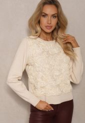 Jasnobeżowy Sweter z Wiskozą Ozdobiony Aplikacjami z Siateczki Harilia. Brązowe swetry Renee, z aplikacjami, z jeansu, bez ramiączek. Za 129.99 zł.