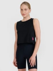 4F Top regular z nadrukiem damski - czarny S. Czarne topy 4f, s, bez wzorów, z bawełny, bez kołnierzyka, bez ramiączek. W wyprzedaży za 29.99 zł.