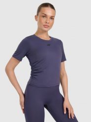 4F Crop-top do jogi i pilatesu szybkoschnący damski - granatowy M. Niebieskie koszulki sportowe 4f, bez wzorów, z elastanu, bez ramiączek, na jogę i pilates. Za 99.99 zł.