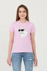 KARL LAGERFELD Lawendowy damski t-shirt Ikonik 2.0 Choupette, Rozmiar XS. Fioletowe t-shirty KARL LAGERFELD, xs, bez wzorów, bez kołnierzyka, bez ramiączek. W wyprzedaży za 269.99 zł.